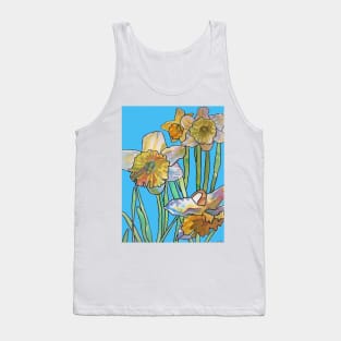 Abstract Yellow Daffodil Watercolor Pattern on Light Blue Tank Top